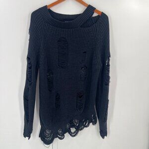 DARKER WAVS XS Distress Ripped Knit Sweater Asymmetrical Slash Neck Goth Grunge